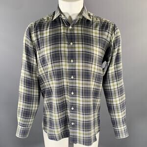 ETRO Size M Grey Blue Green Plaid Pointed Collar Long Sleeve Shirt